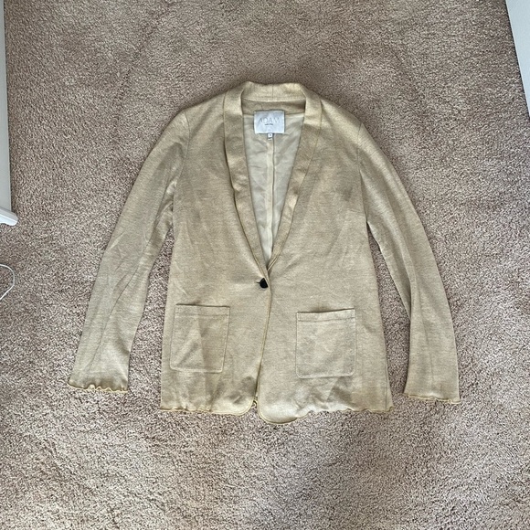 Adam Lippes- Gold Metallic Linen and Silk Cardigan Sweater - Picture 2 of 11